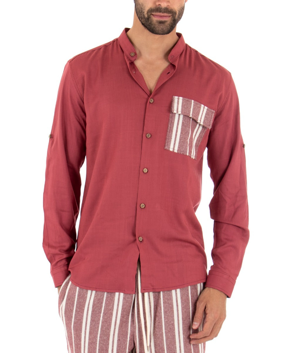 Men's Mandarin Collar Shirt Long Sleeve Regular Fit Soft Viscose Red GIOSAL-C2411A