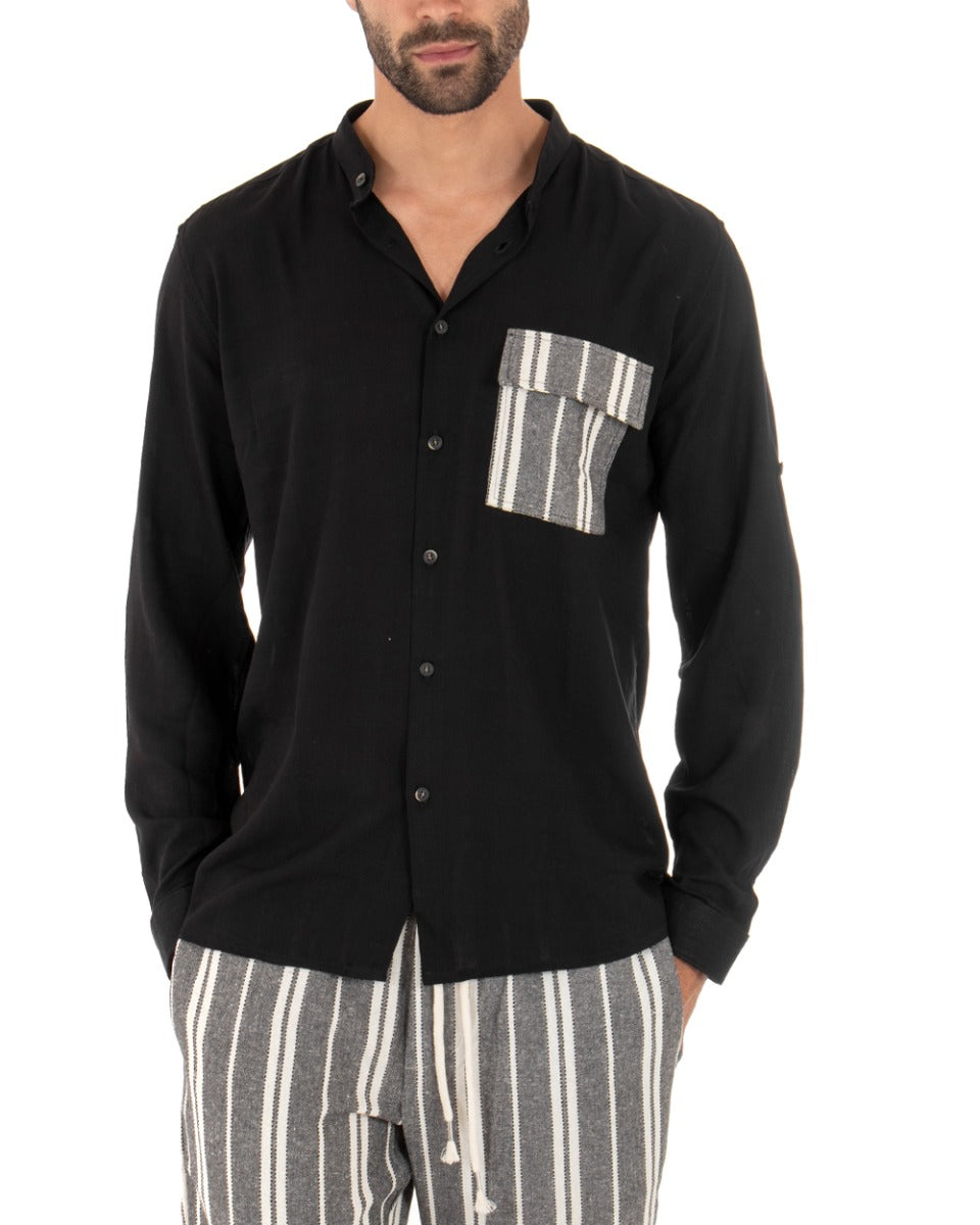 Men's Mandarin Collar Shirt Long Sleeve Regular Fit Soft Viscose Black GIOSAL-C2412A