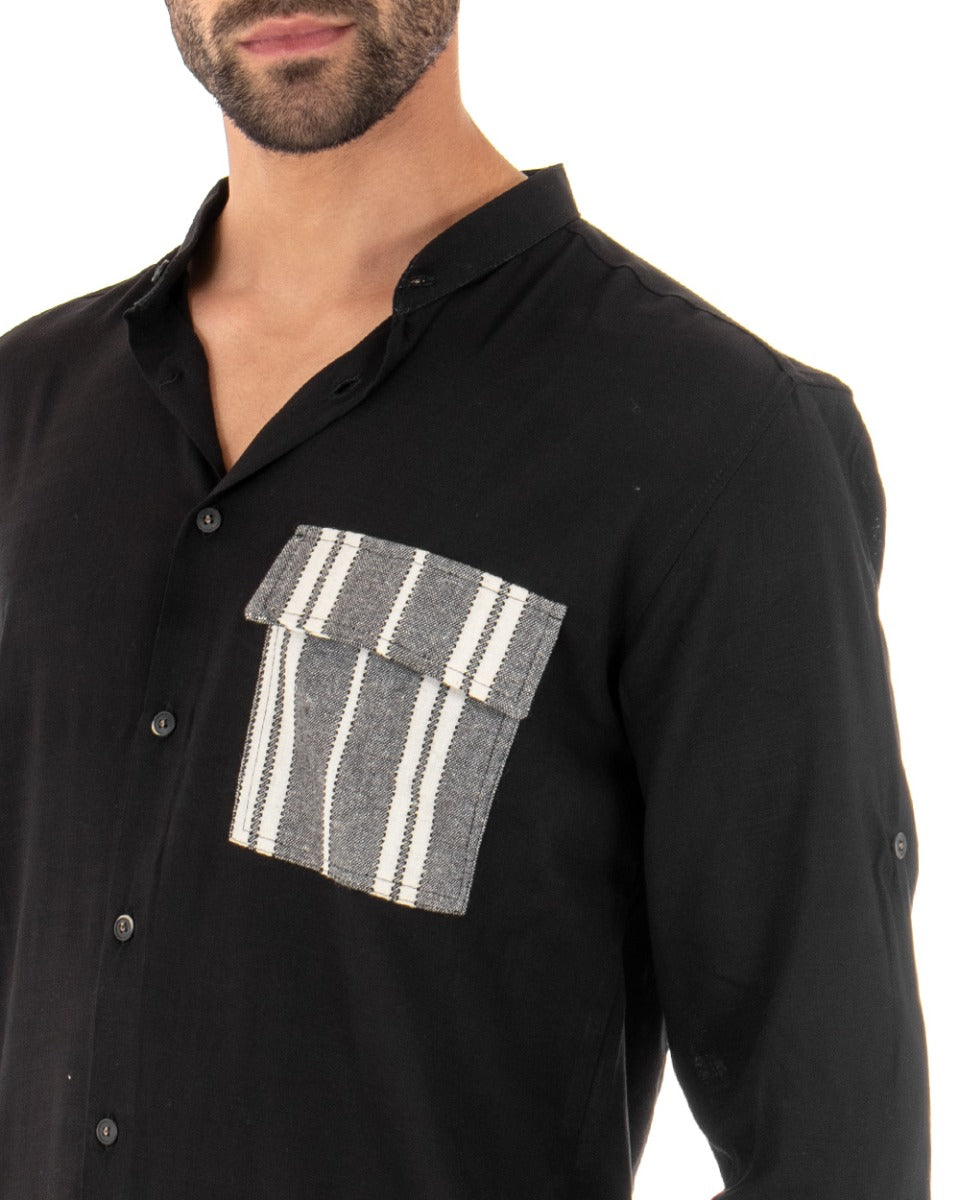 Men's Mandarin Collar Shirt Long Sleeve Regular Fit Soft Viscose Black GIOSAL-C2412A