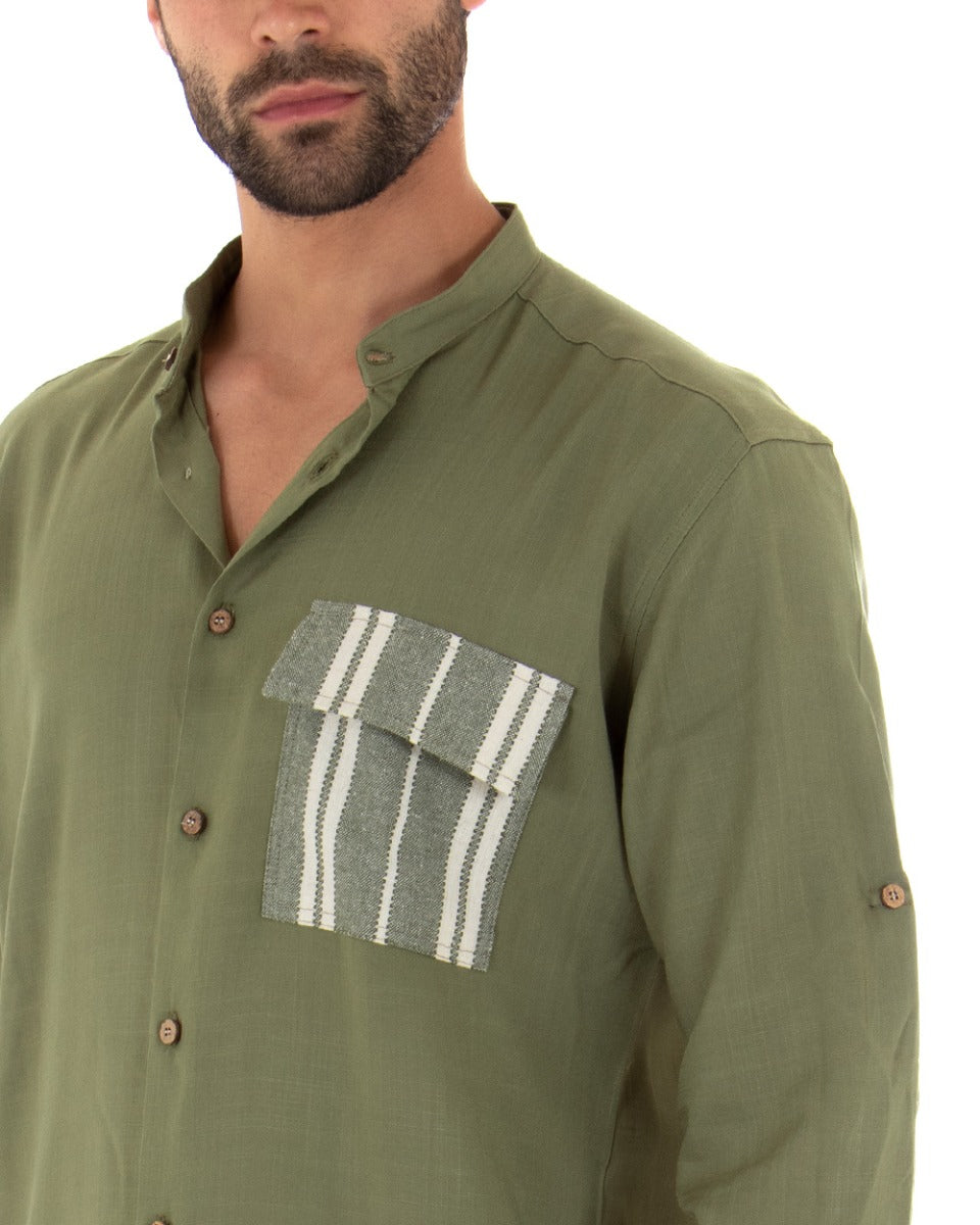 Camicia Uomo Collo Coreano Manica Lunga Regular Fit Viscosa Morbida Verde Militare GIOSAL-C2413A