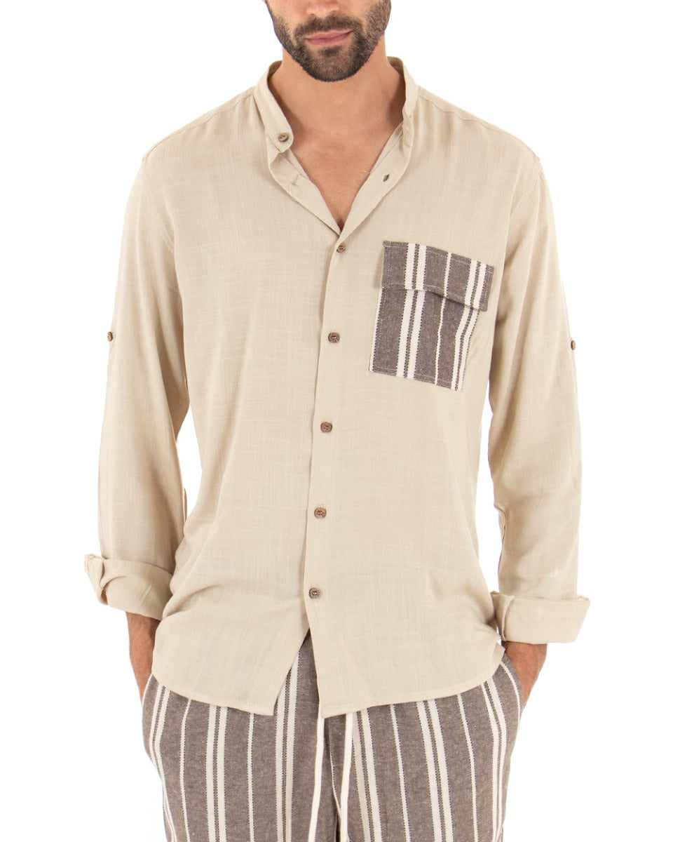 Men's Mandarin Collar Shirt Long Sleeve Regular Fit Soft Viscose Beige GIOSAL-C2414A