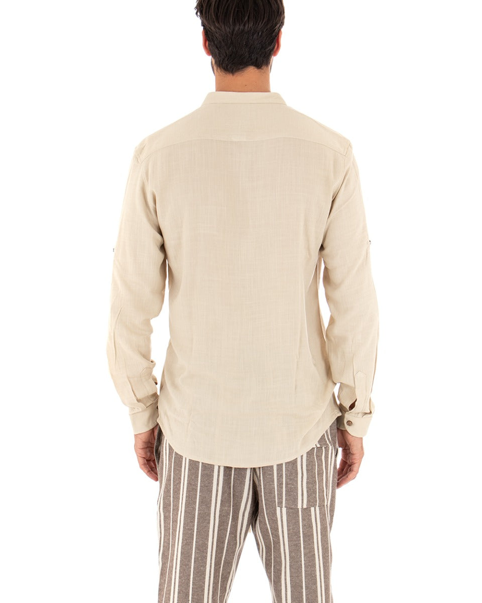 Men's Mandarin Collar Shirt Long Sleeve Regular Fit Soft Viscose Beige GIOSAL-C2414A