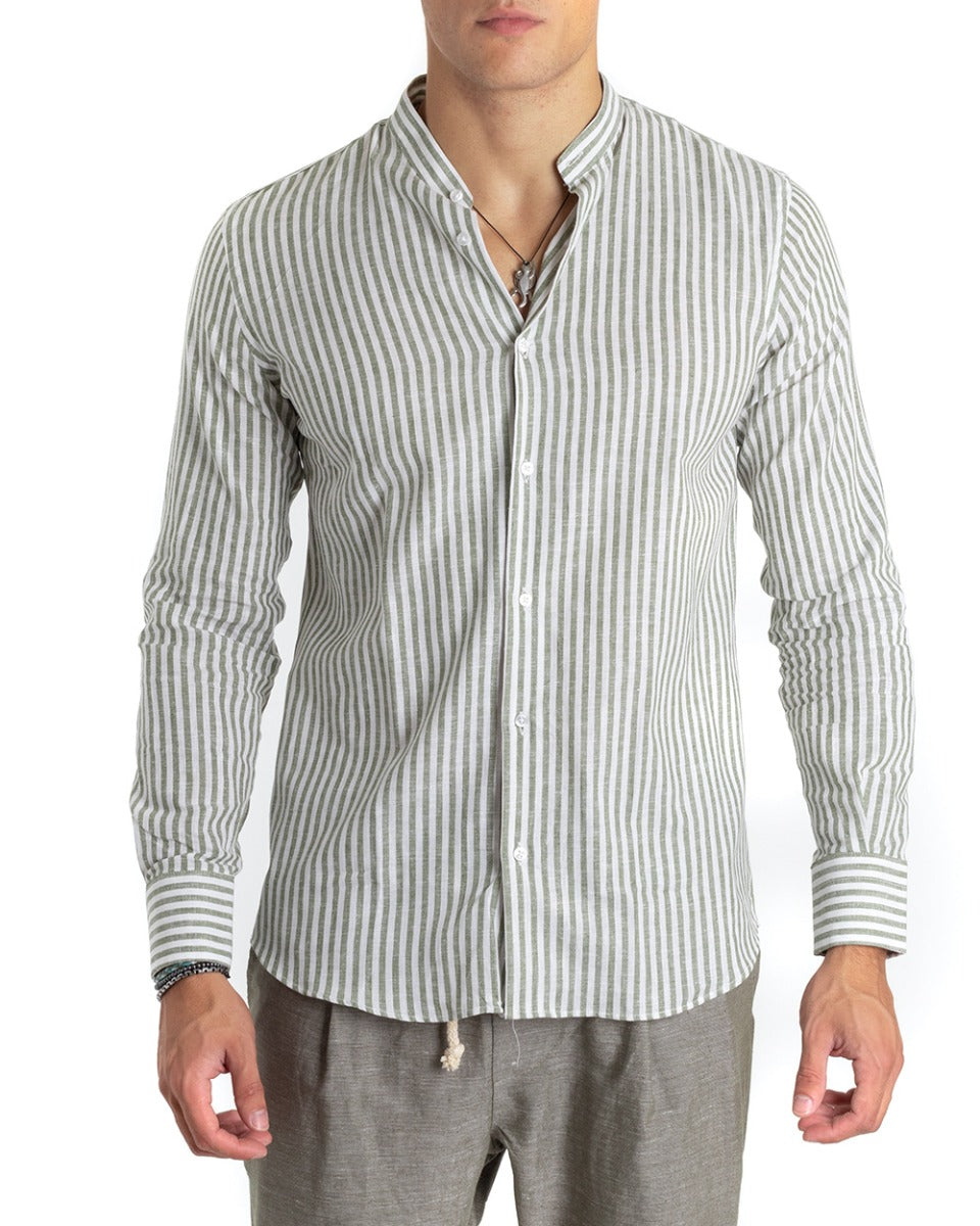 Men's Linen Shirt Mandarin Collar Long Sleeve Regular Fit Narrow Stripe Green GIOSAL-C2416A