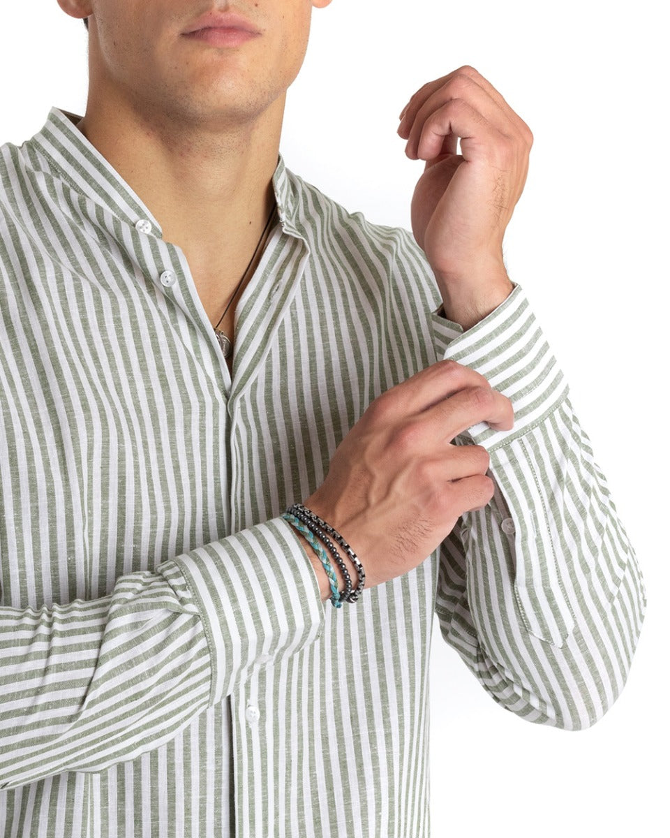 Men's Linen Shirt Mandarin Collar Long Sleeve Regular Fit Narrow Stripe Green GIOSAL-C2416A