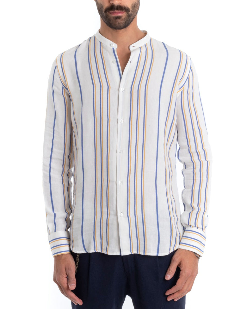Men's Linen Shirt Korean Collar Long Sleeve Regular Fit Striped White GIOSAL-C2420A