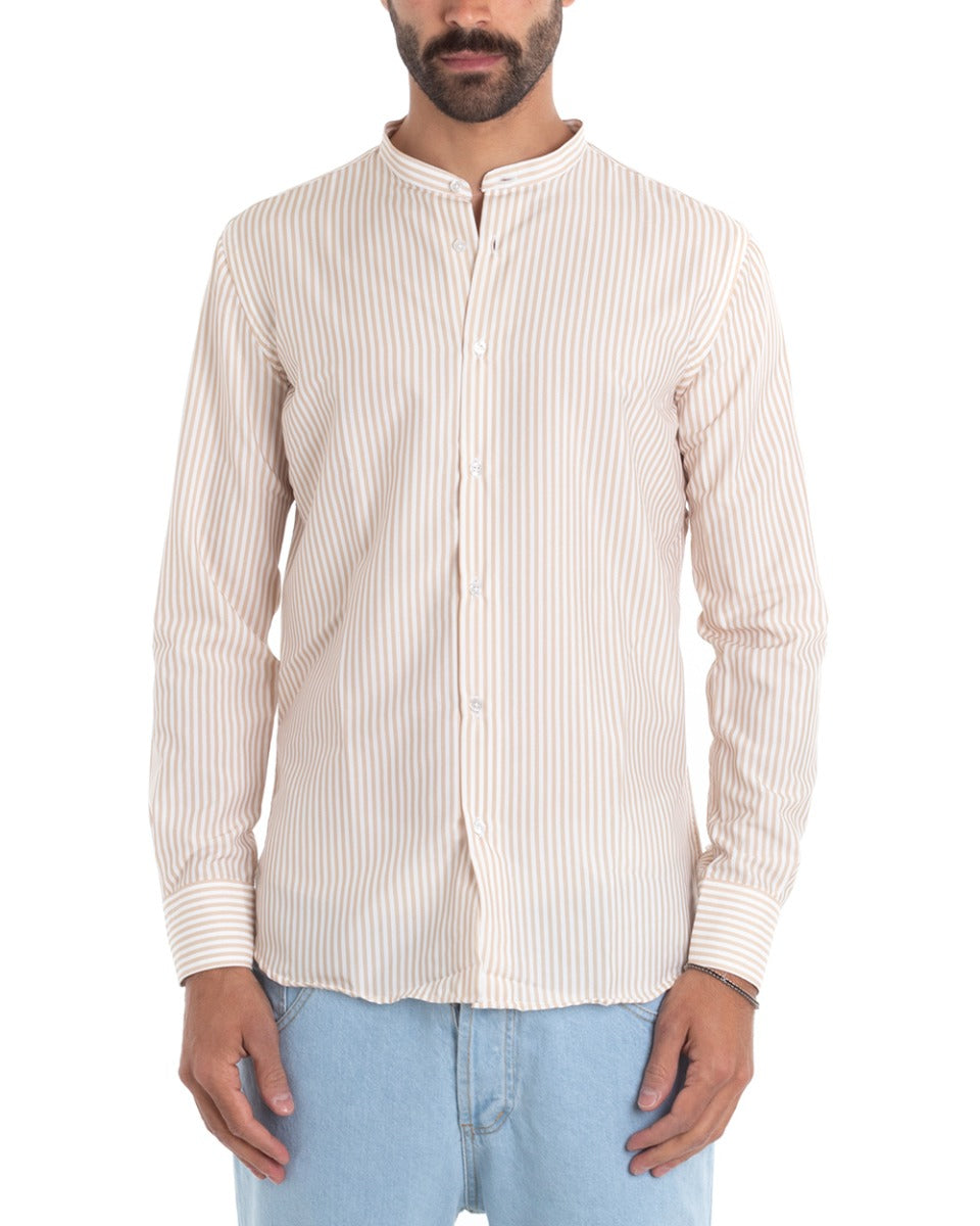 Men's Viscose Shirt Korean Collar Long Sleeve Regular Fit Narrow Stripe Beige GIOSAL-C2425A