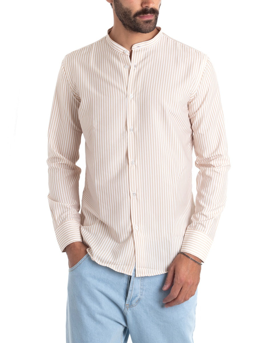 Men's Viscose Shirt Korean Collar Long Sleeve Regular Fit Narrow Stripe Beige GIOSAL-C2425A