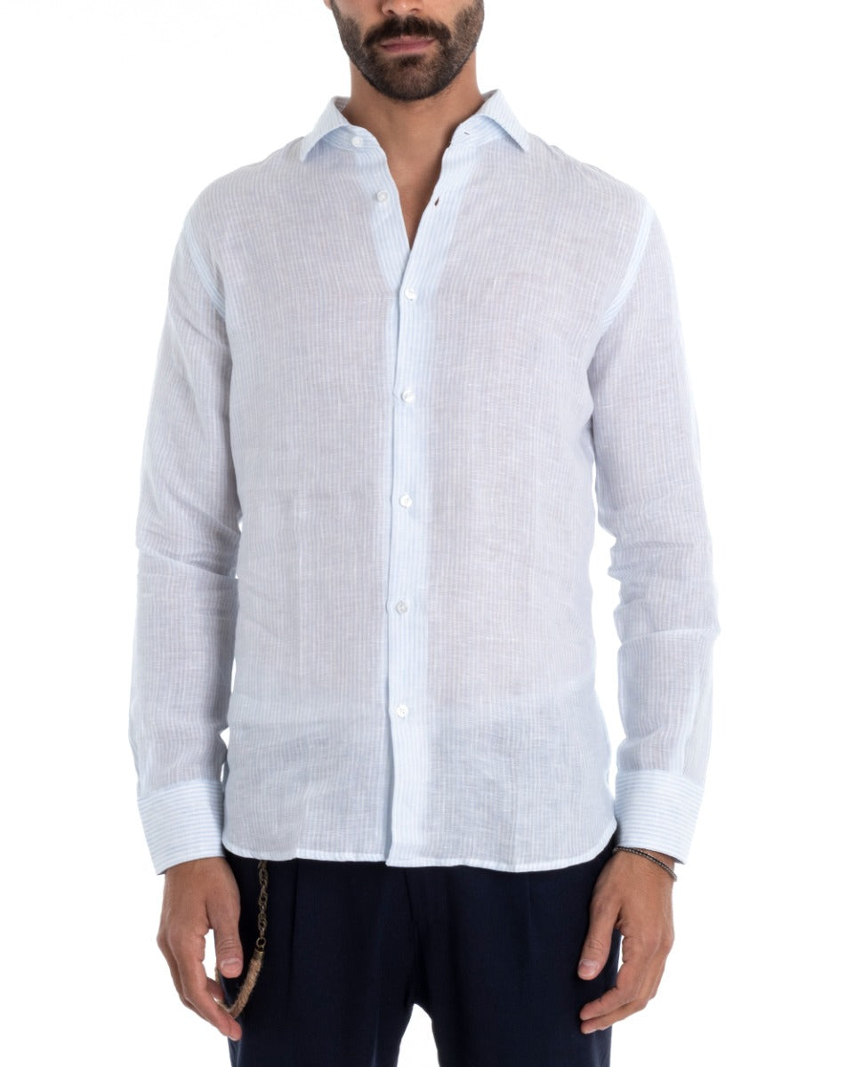 Men's Linen Shirt With Collar Long Sleeve Regular Fit Narrow Stripe Light Blue GIOSAL-C2426A