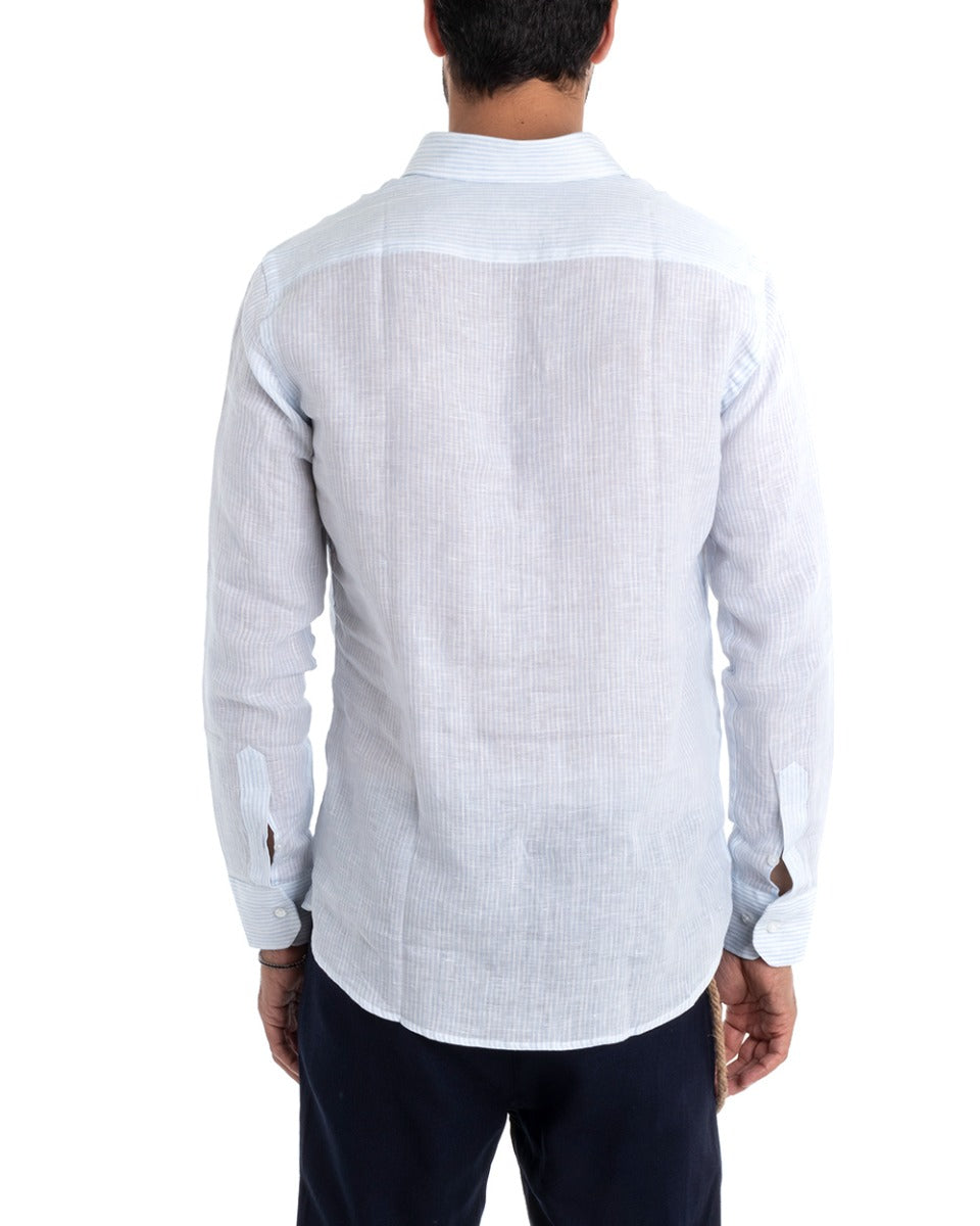 Men's Linen Shirt With Collar Long Sleeve Regular Fit Narrow Stripe Light Blue GIOSAL-C2426A