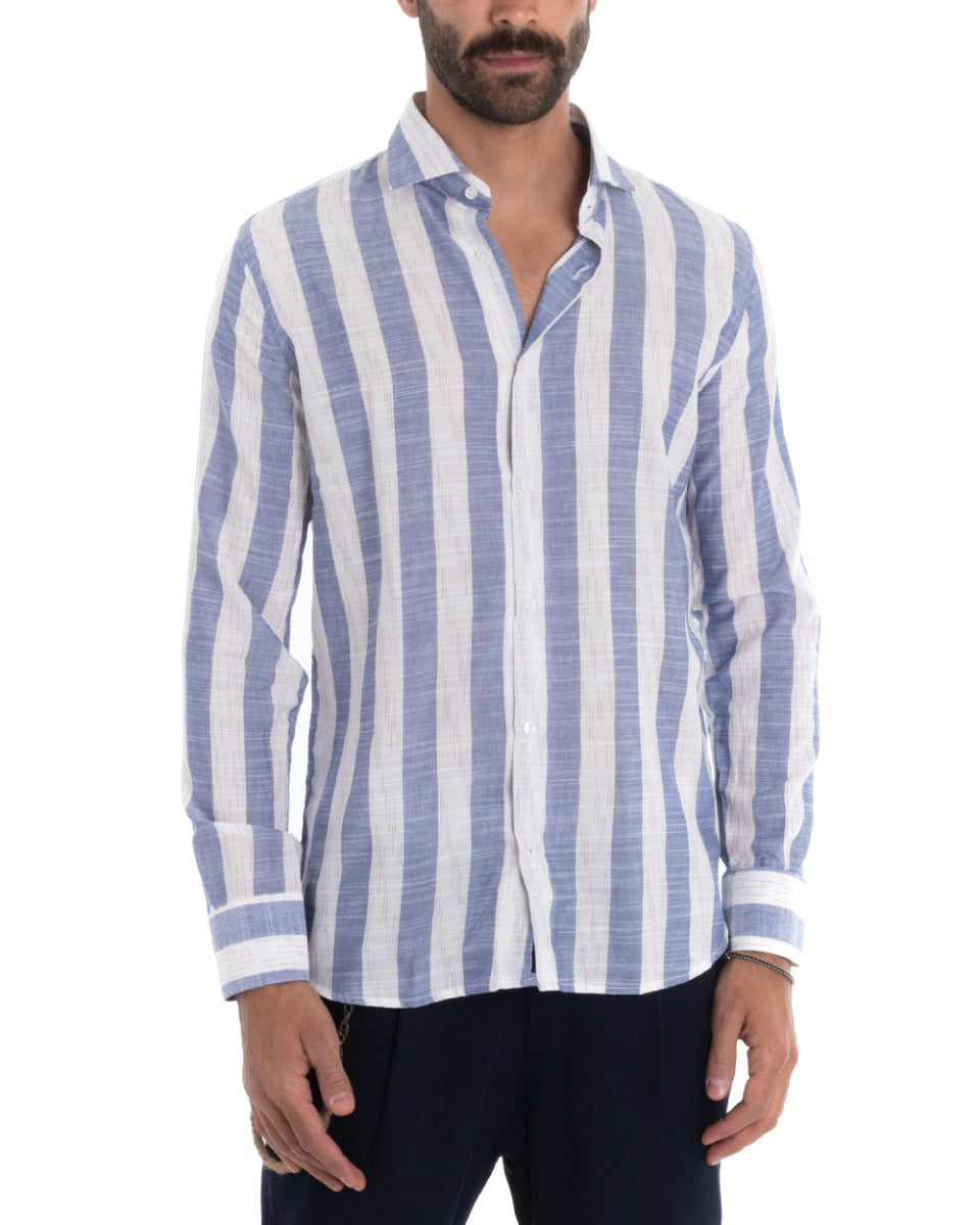 Camicia Uomo Lino Con Colletto Manica Lunga Regular Fit Riga Larga Blu