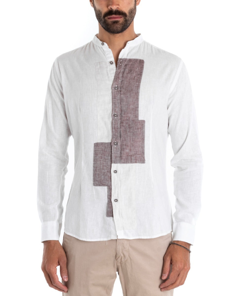 Men's Linen Shirt Mandarin Collar Long Sleeve Regular Fit Mud White GIOSAL-C2429A