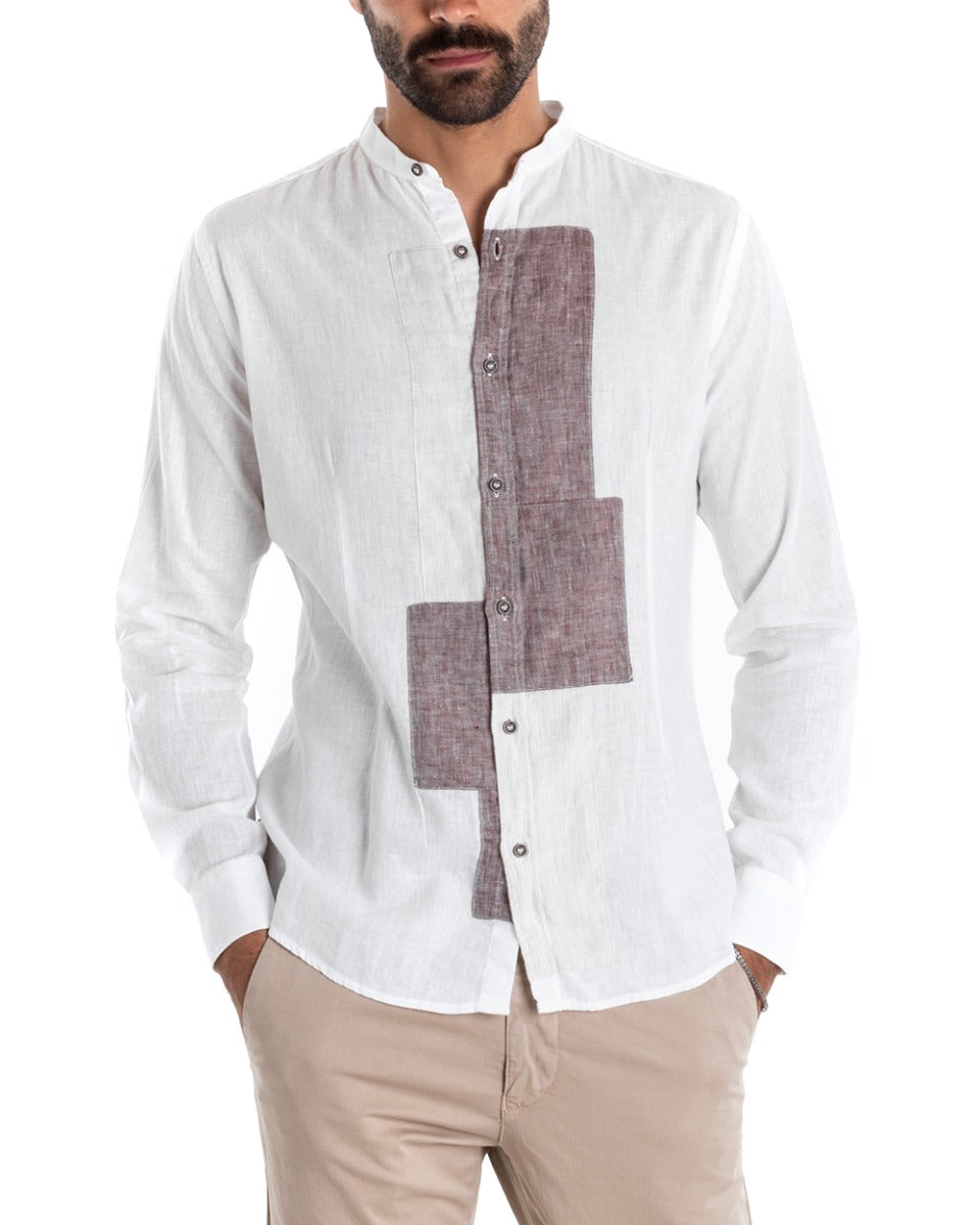 Men's Linen Shirt Mandarin Collar Long Sleeve Regular Fit Mud White GIOSAL-C2429A