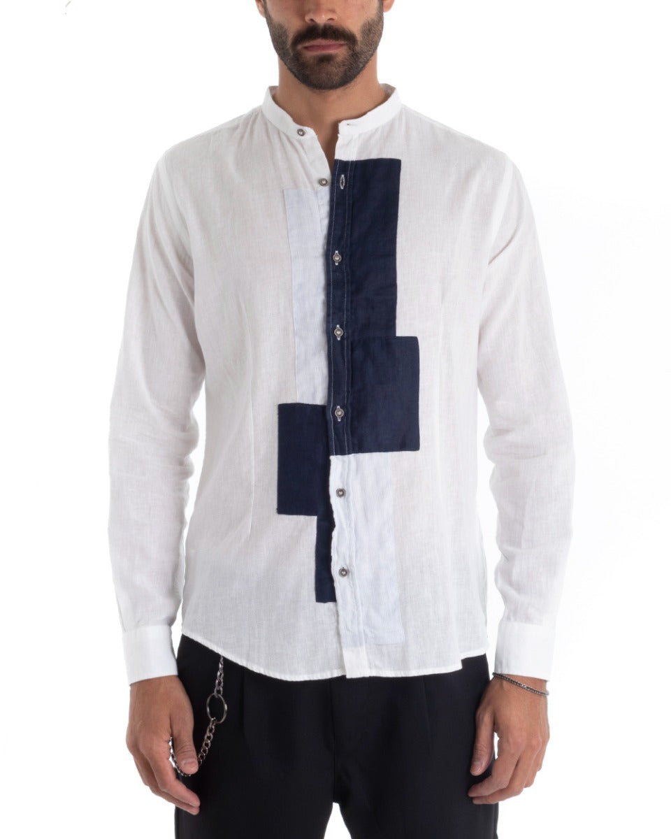 Men's Linen Shirt Mandarin Collar Long Sleeve Regular Fit White Blue GIOSAL-C2430A