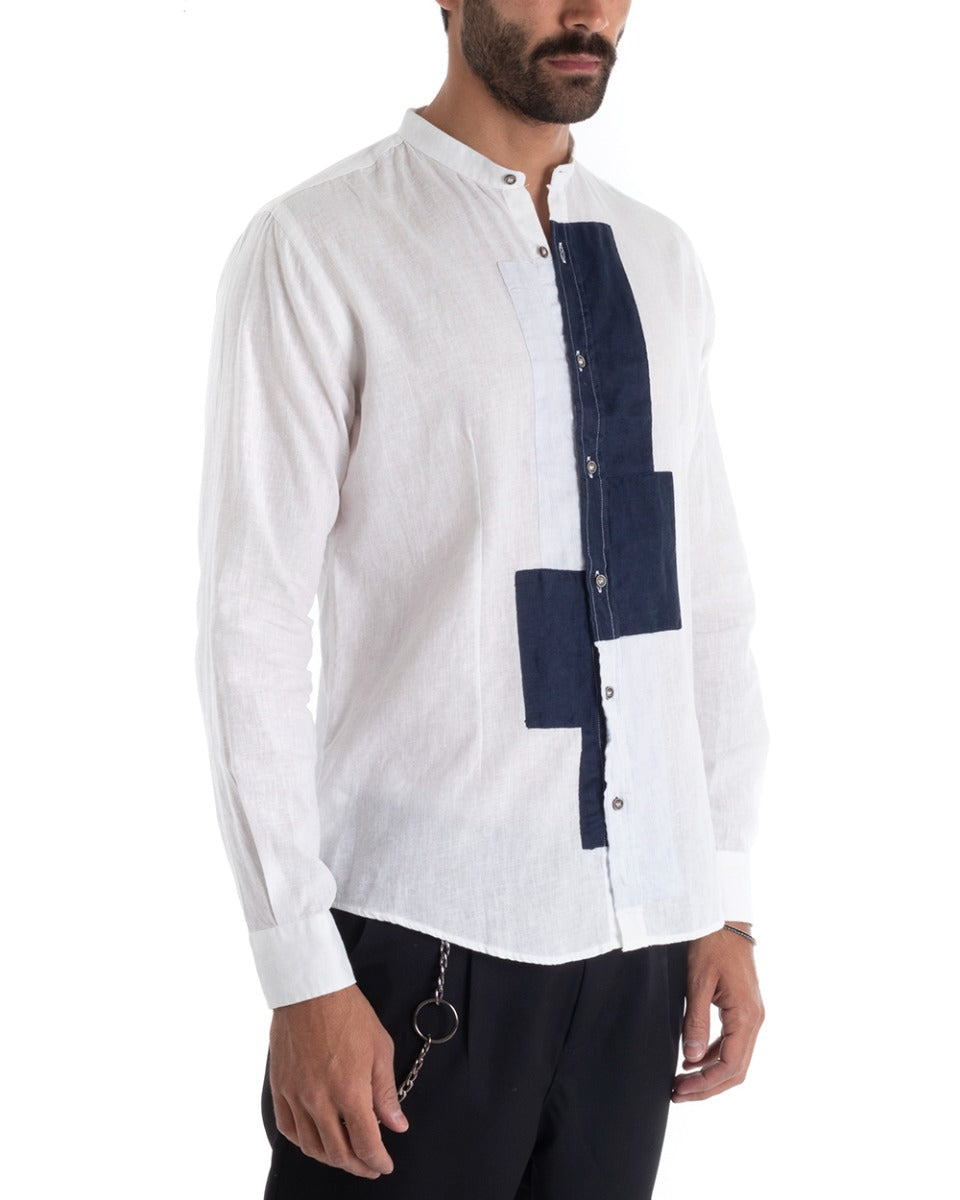 Camicia Uomo Lino Collo Coreano Manica Lunga Regular Fit Bianco Blu GIOSAL-C2430A