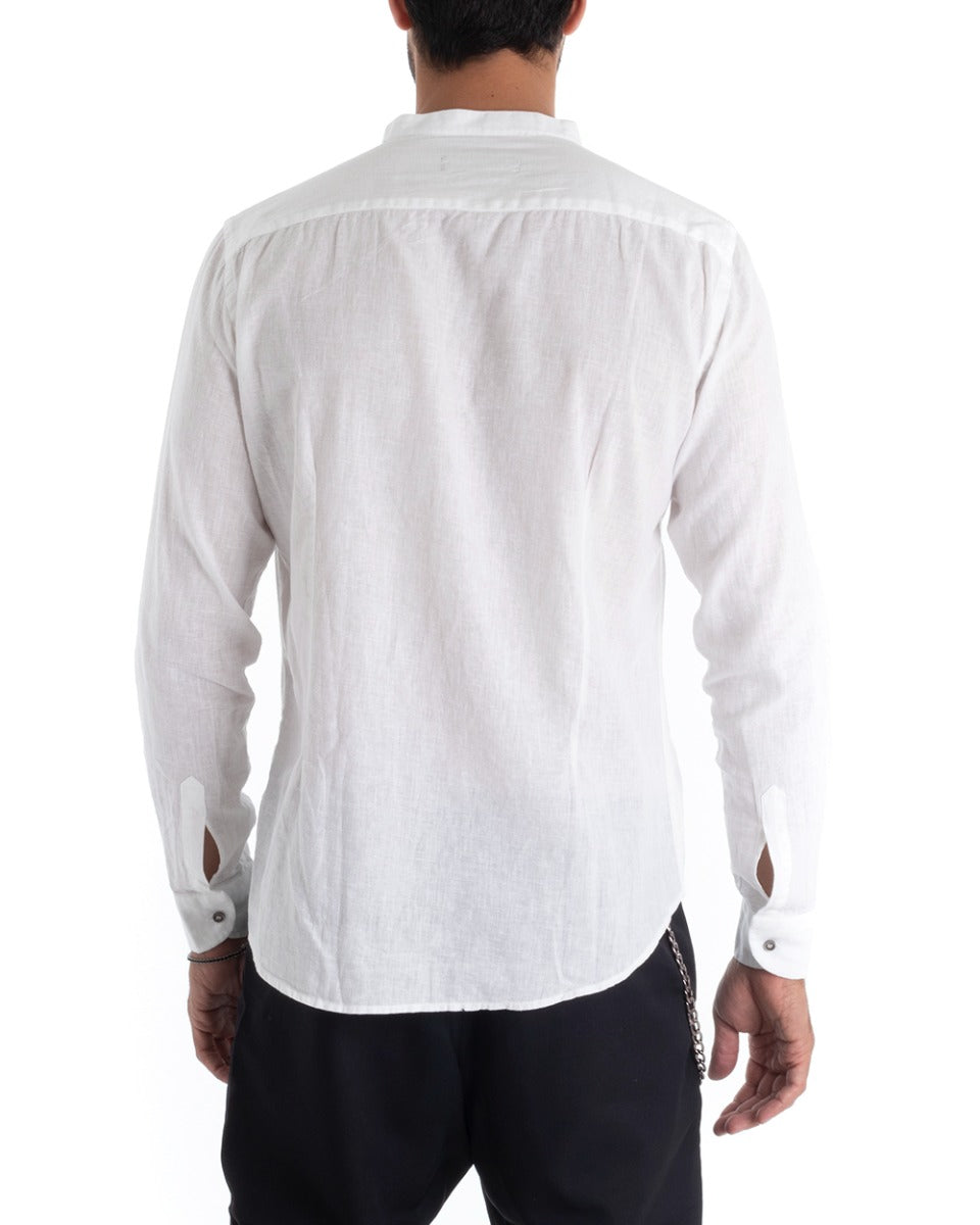 Camicia Uomo Lino Collo Coreano Manica Lunga Regular Fit Bianco Blu GIOSAL-C2430A
