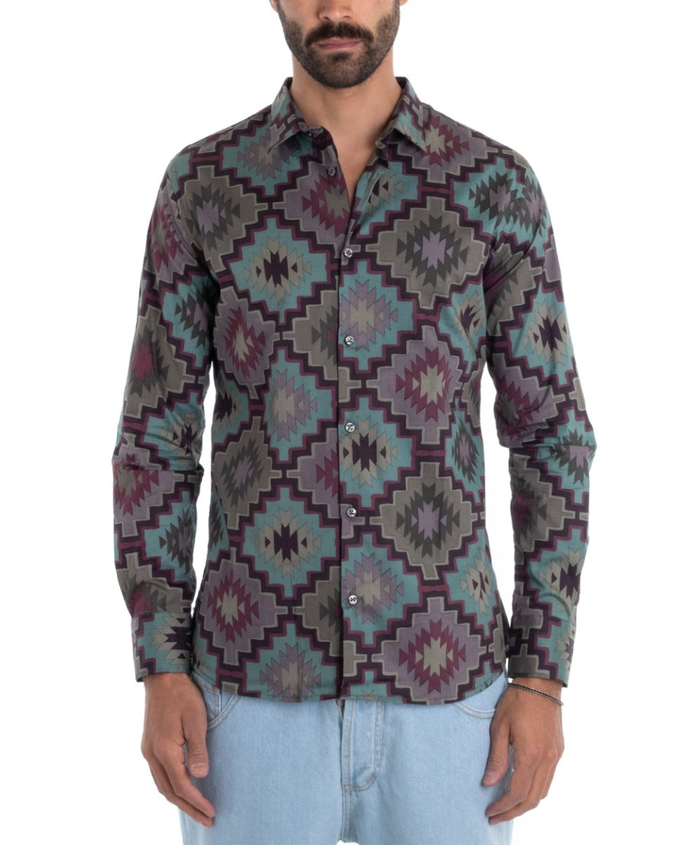 Men's Shirt With Collar Long Sleeve Regular Fit Geometric Pattern GIOSAL-C2432A