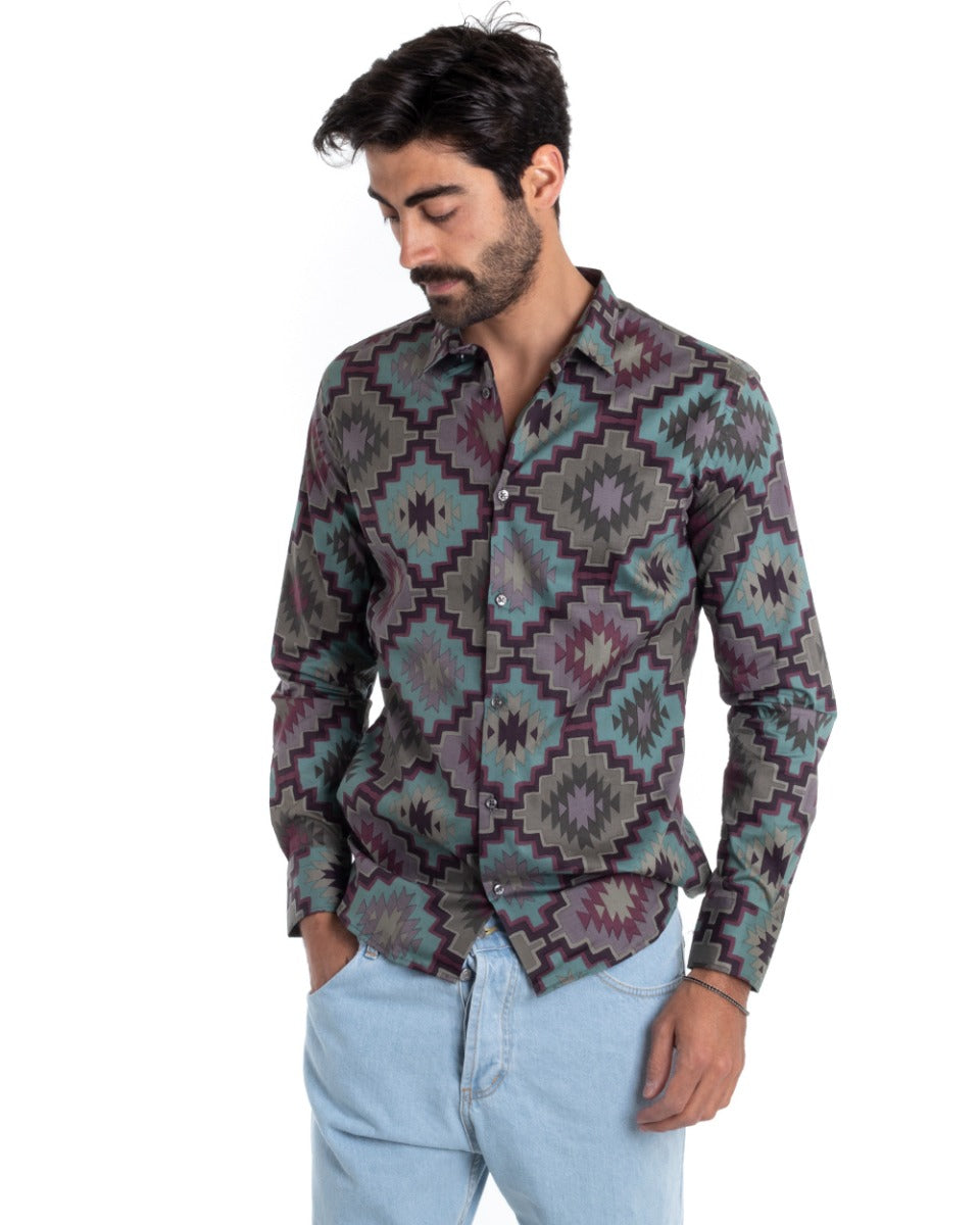 Men's Shirt With Collar Long Sleeve Regular Fit Geometric Pattern GIOSAL-C2432A