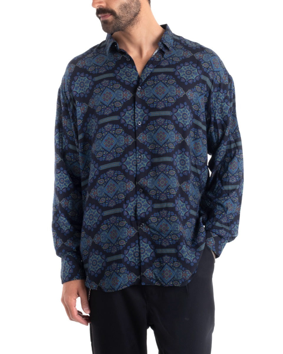 Men's Shirt With Collar Long Sleeve Regular Fit Soft Comfortable Viscose Blue GIOSAL-C2436A