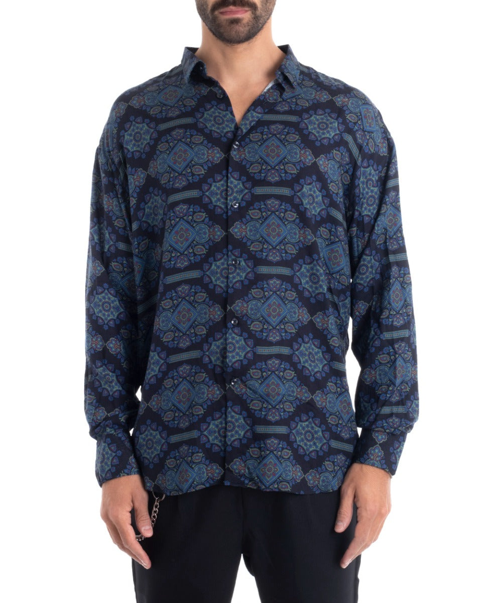 Men's Shirt With Collar Long Sleeve Regular Fit Soft Comfortable Viscose Blue GIOSAL-C2436A