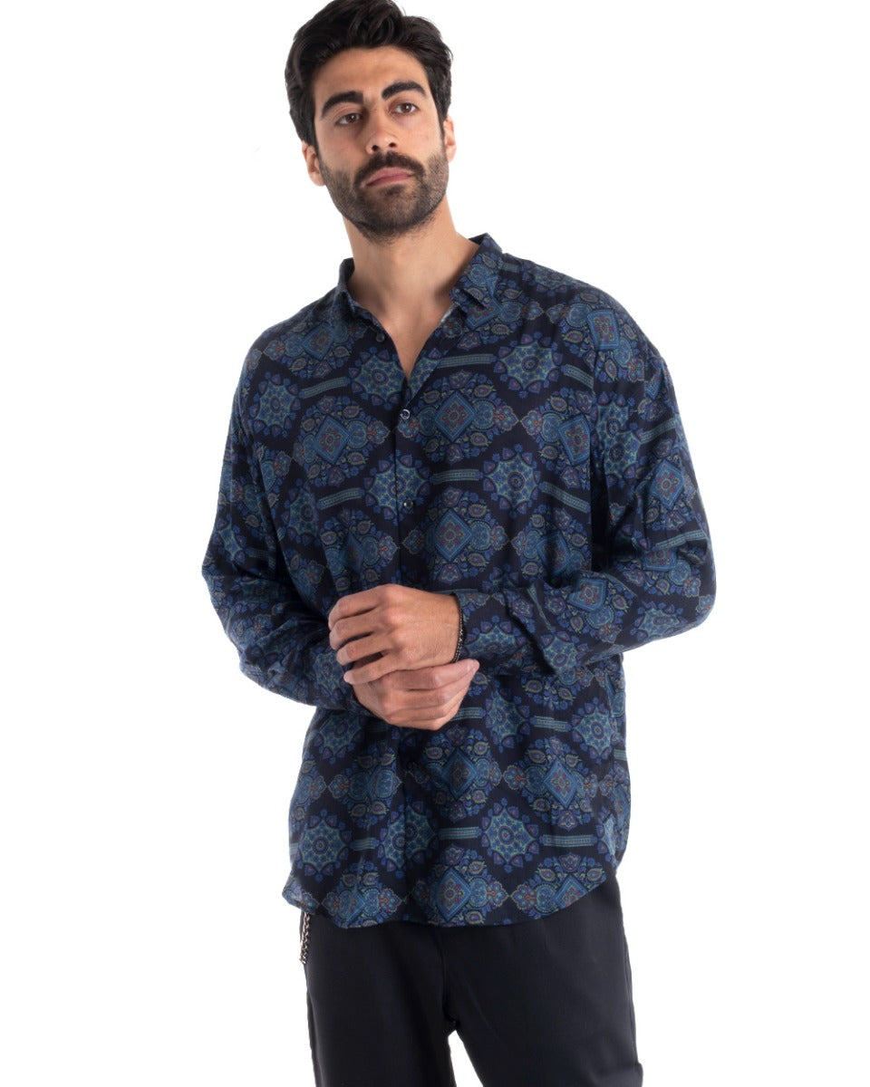 Camicia Uomo Con Colletto Manica Lunga Regular Fit Viscosa Morbida Comoda Blu GIOSAL-C2436A