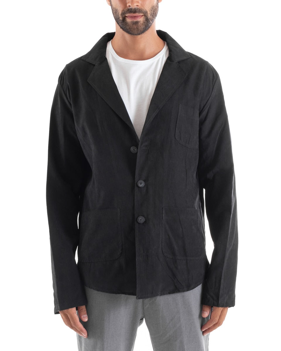 Men's Shirt With Collar Saharan Jacket Long Sleeve Black Cotton GIOSAL-C2457A