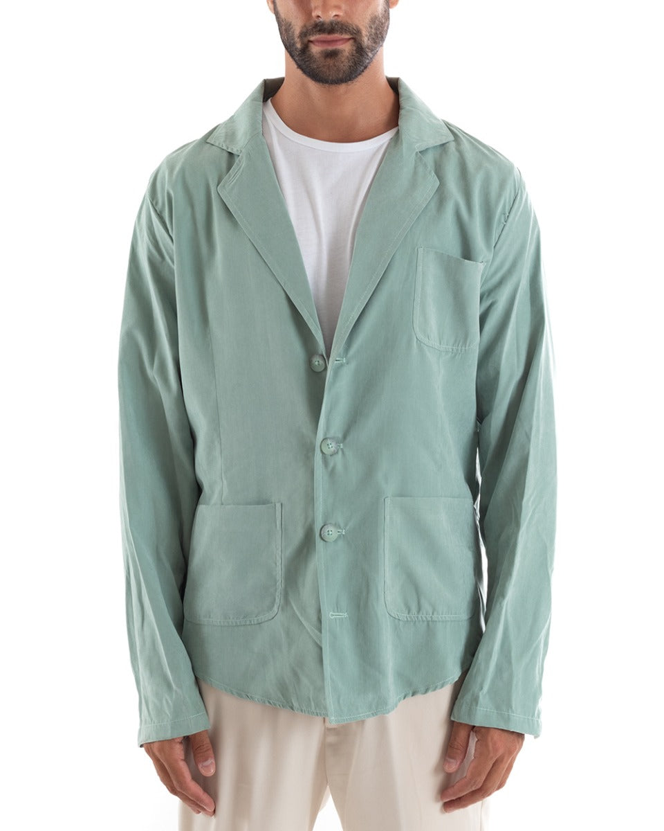 Men's Shirt With Collar Saharan Jacket Long Sleeve Water Green Cotton GIOSAL-C2458A