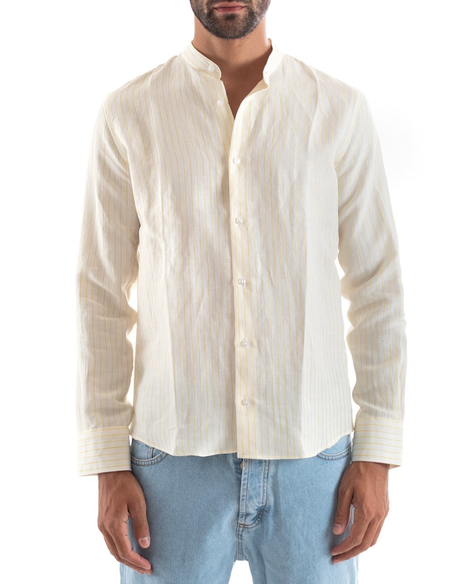 Men's Mandarin Collar Shirt Long Sleeve Linen Cotton Striped Yellow GIOSAL-C2460A