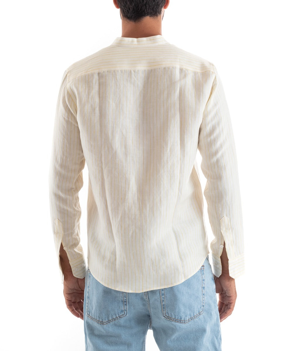 Men's Mandarin Collar Shirt Long Sleeve Linen Cotton Striped Yellow GIOSAL-C2460A