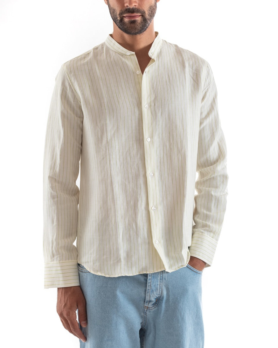 Men's Shirt Korean Collar Long Sleeve Linen Cotton Striped Green GIOSAL-C2461A