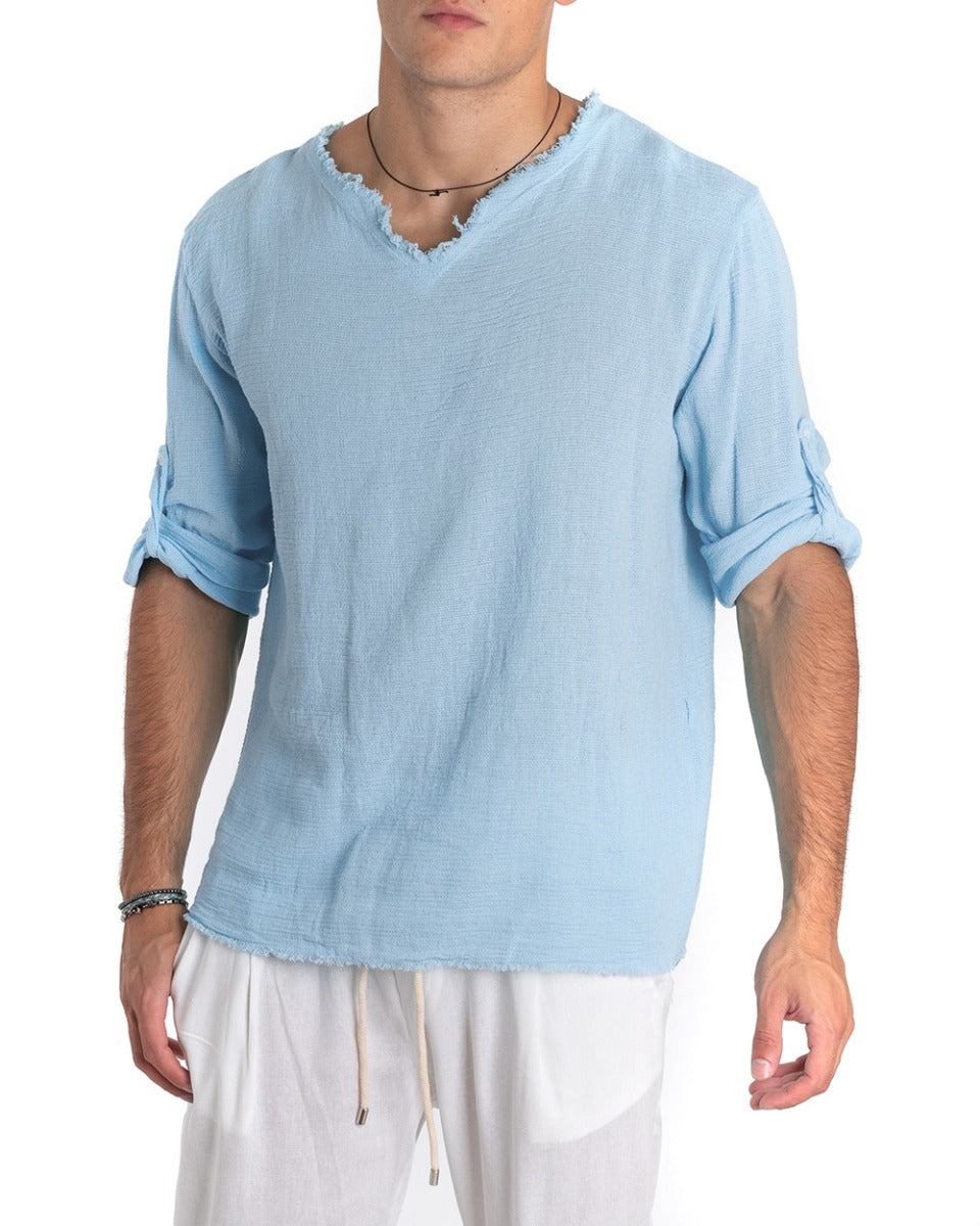 Camicia Uomo Collo V Manica Lunga Regular Fit Cotone Lino Sfrangiata Celeste GIOSAL-C2462A