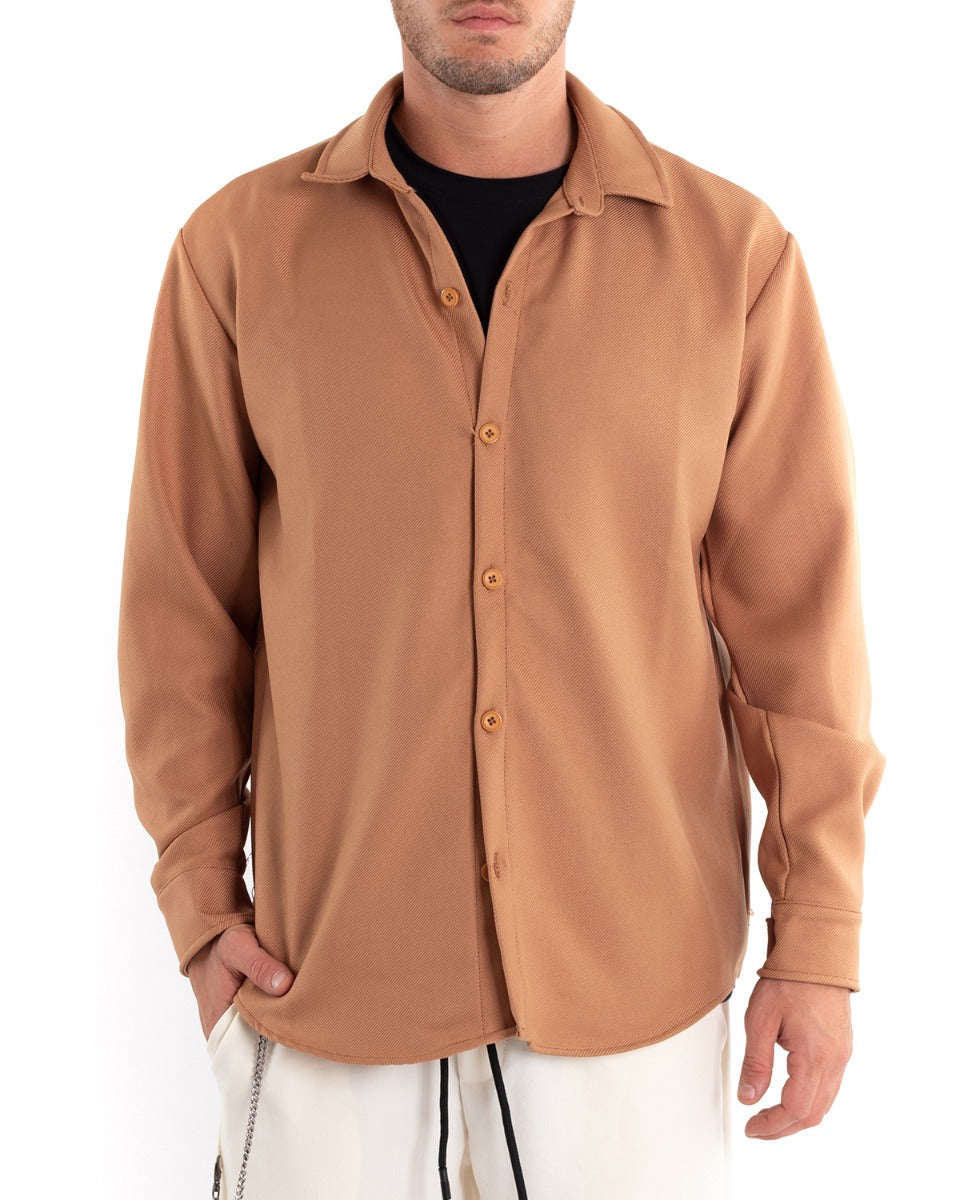 Men's Shirt With Collar Long Sleeve Solid Color Cotton Camel GIOSAL-C2465A