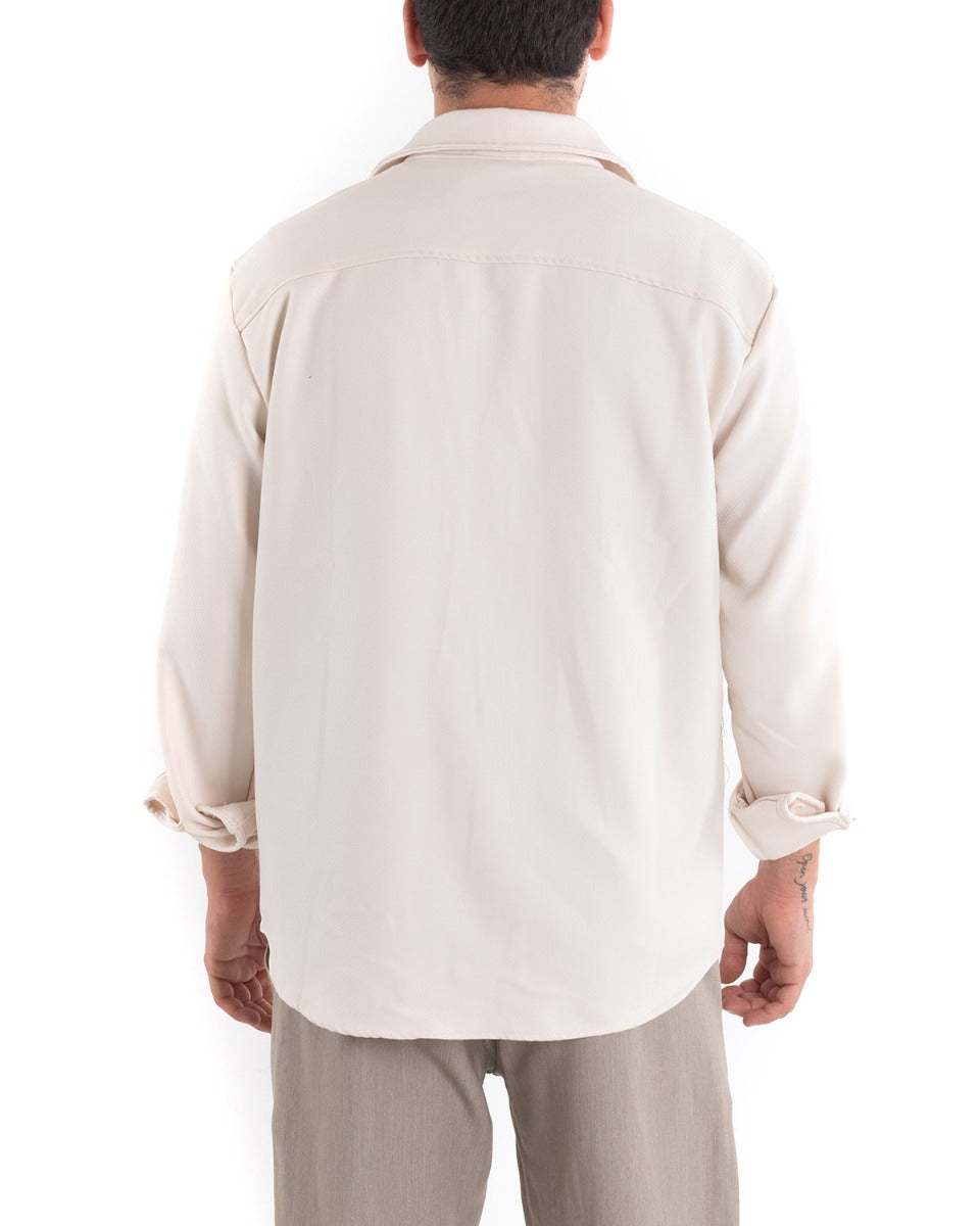 Men's Shirt With Collar Long Sleeves Solid Color Cotton Cream GIOSAL-C2466A