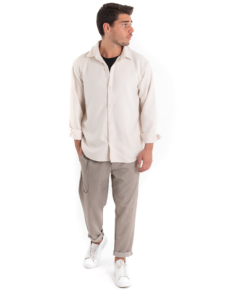 Camicia Uomo Con Colletto Manica Lunga Cotone Tinta Unita Panna GIOSAL-C2466A