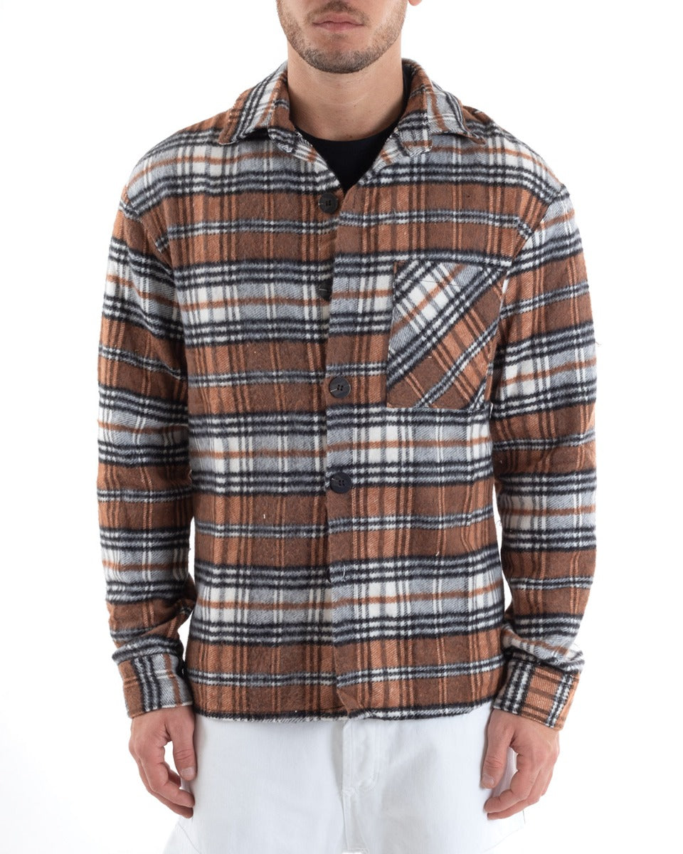 Men's Shirt Shirt With Warm Collar Tartan Check Pattern Camel GIOSAL-C2649A