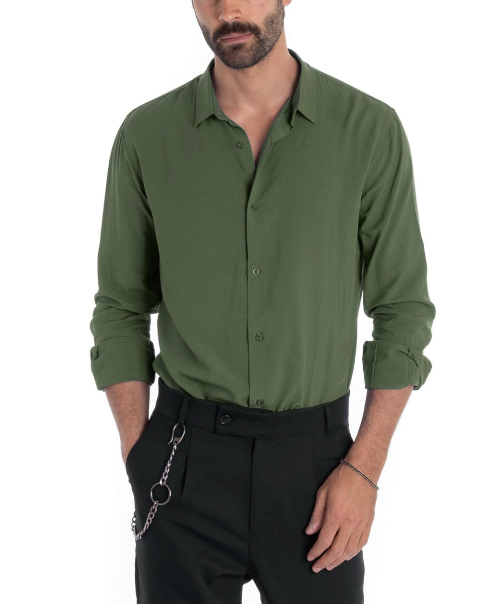 Men's Tailored Shirt With Collar Long Sleeve Basic Soft Viscose Military Green GIOSAL-C2650A