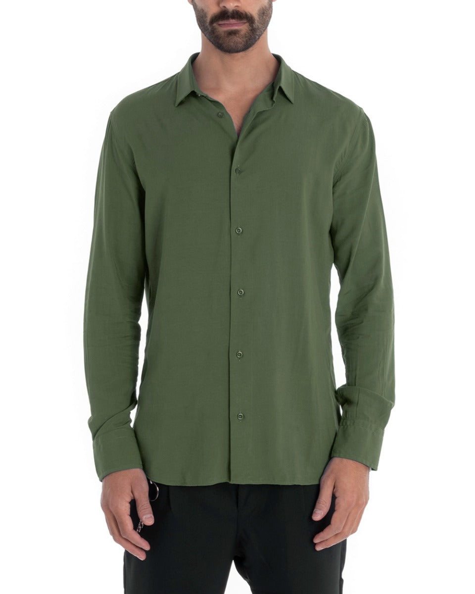 Camicia Uomo Sartoriale Con Colletto Manica Lunga Basic Viscosa Morbida Verde Militare GIOSAL-C2650A