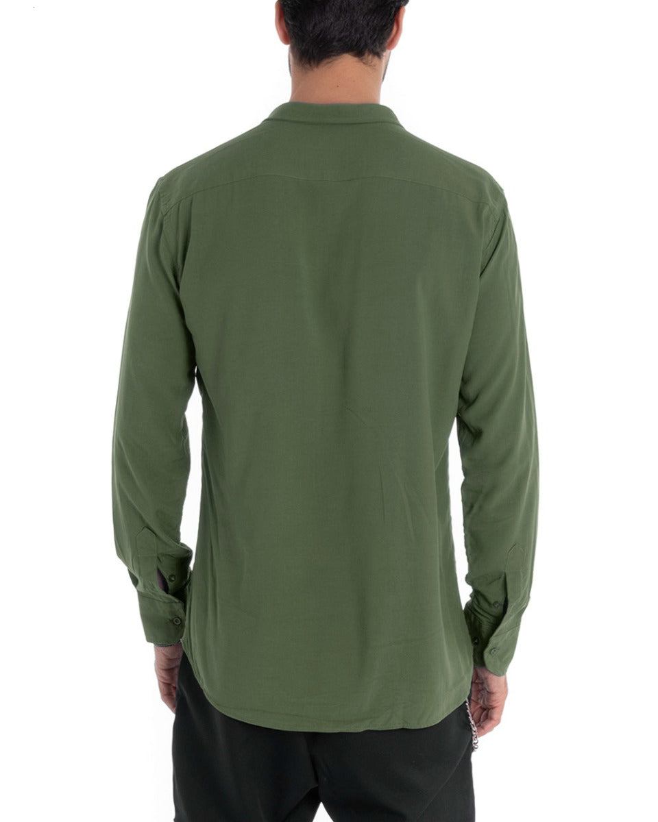 Camicia Uomo Sartoriale Con Colletto Manica Lunga Basic Viscosa Morbida Verde Militare GIOSAL-C2650A