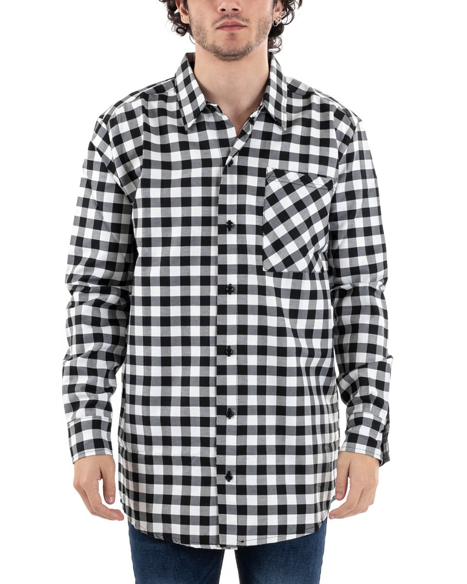Shirt With Collar Long Sleeve Plaid Checked Shirt White Black GIOSAL-C2651A