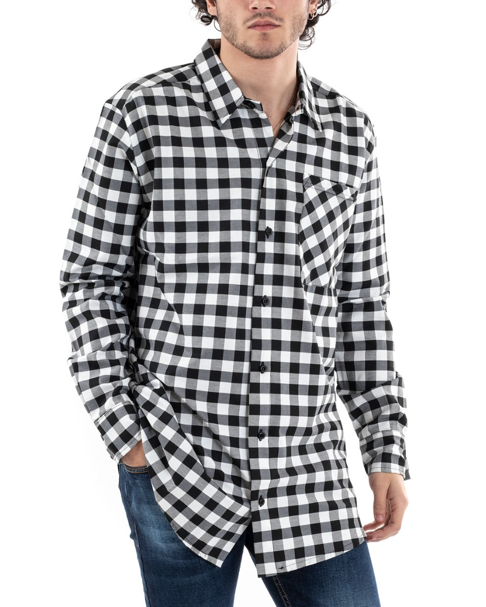 Shirt With Collar Long Sleeve Plaid Checked Shirt White Black GIOSAL-C2651A
