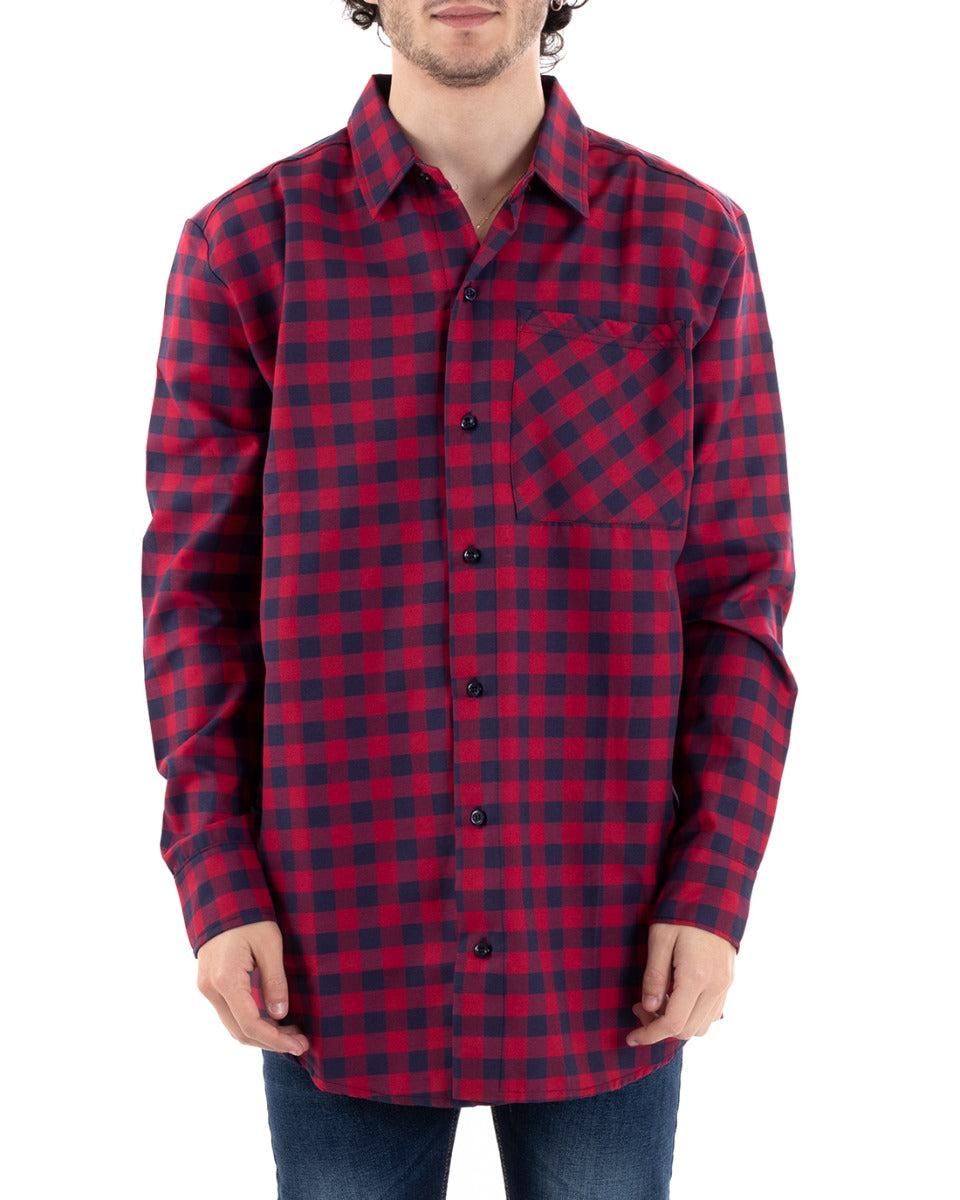 Shirt With Collar Long Sleeve Plaid Checked Shirt Red Blue GIOSAL-C2652A