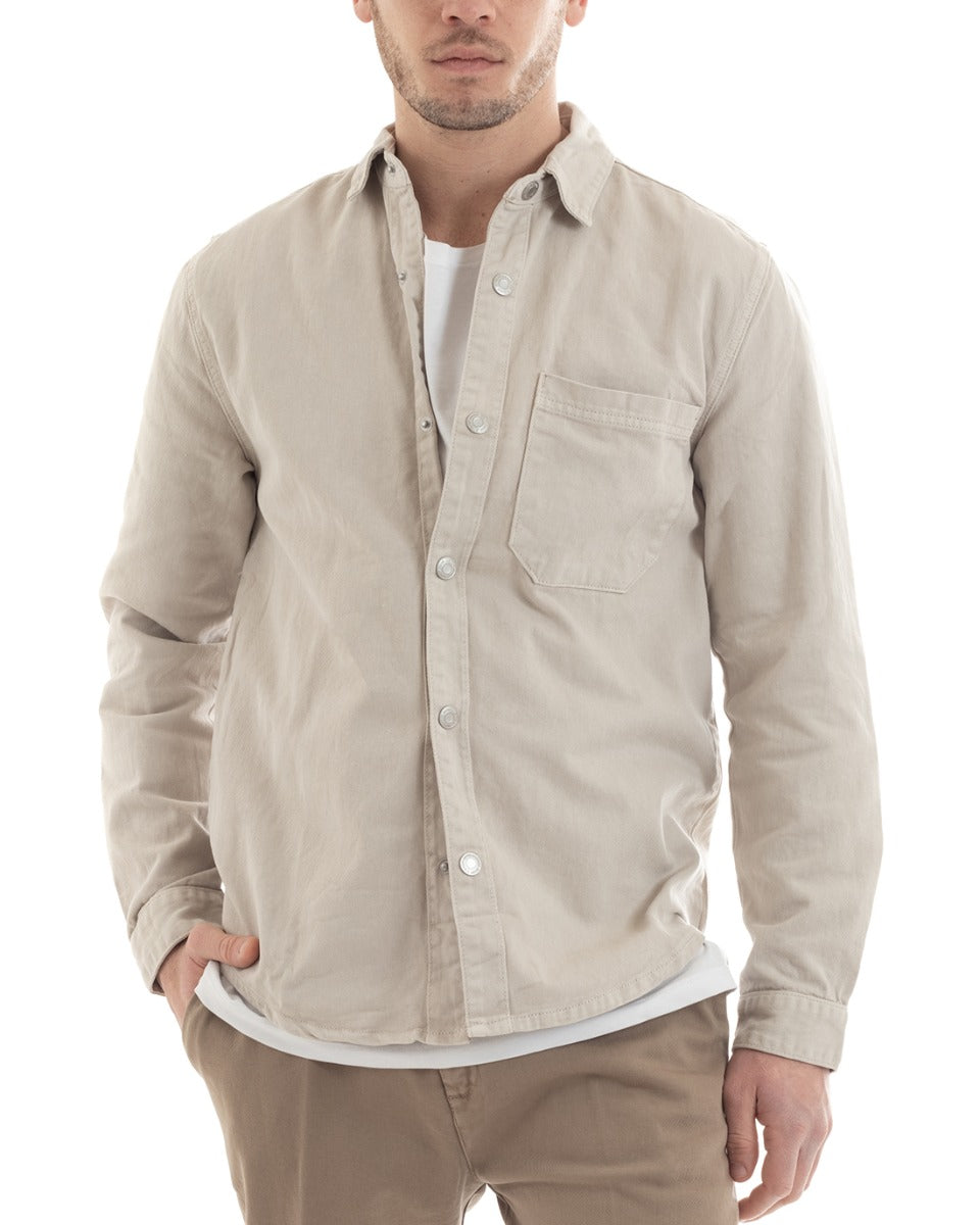 Shirt With Collar Long Sleeve Shirt Denim Jeans Jacket Cream GIOSAL-C2655A