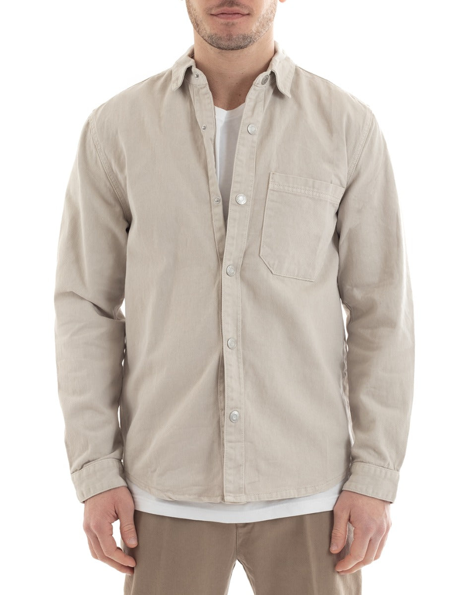 Shirt With Collar Long Sleeve Shirt Denim Jeans Jacket Cream GIOSAL-C2655A