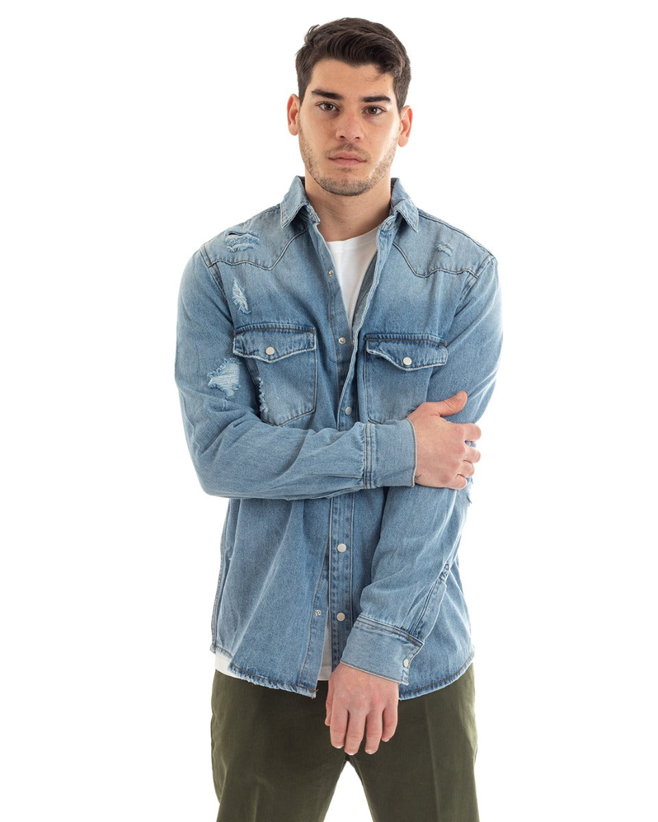Camicia Con Colletto Camicione Manica Lunga Jeans Denim Regular Fit GIOSAL-C2656A