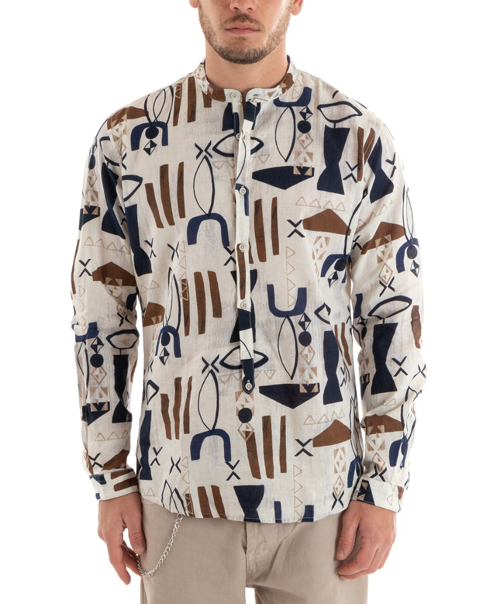Serafino Shirt Tunic Long Sleeve Linen Beige Pattern GIOSAL-C2657A