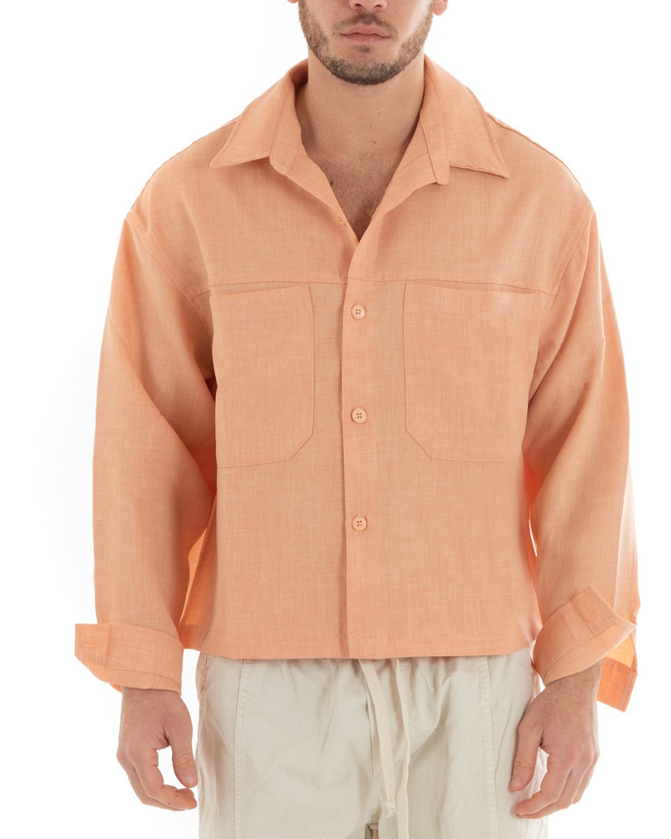 Cropped Fit Men's Shirt Long Sleeve Pocket Solid Color Peach GIOSAL-C2662A 
