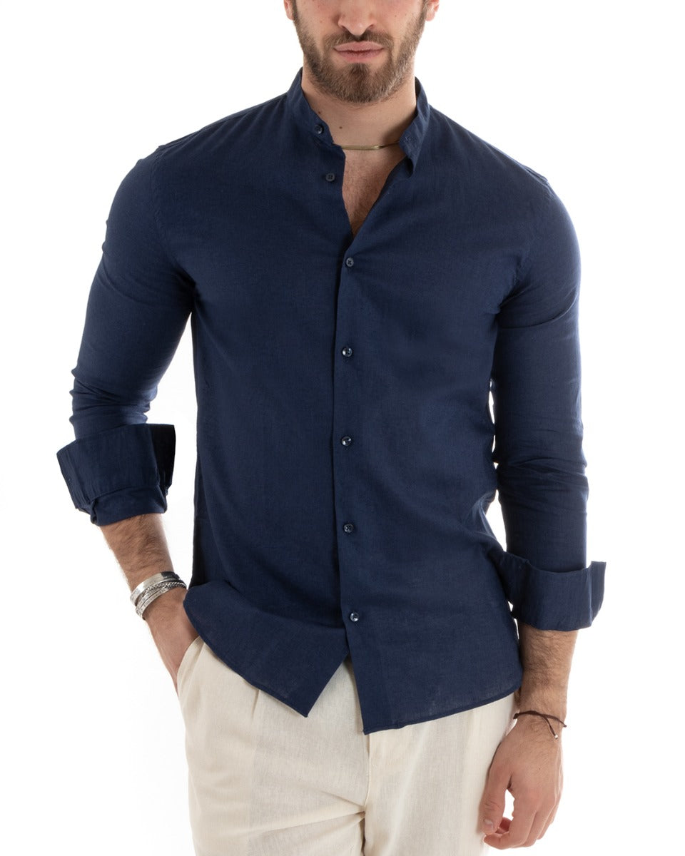 Men's Mandarin Collar Shirt Long Sleeve Linen Solid Color Tailored Blue GIOSAL-C2664A