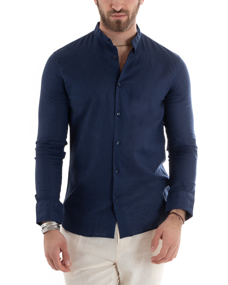 Men's Mandarin Collar Shirt Long Sleeve Linen Solid Color Tailored Blue GIOSAL-C2664A