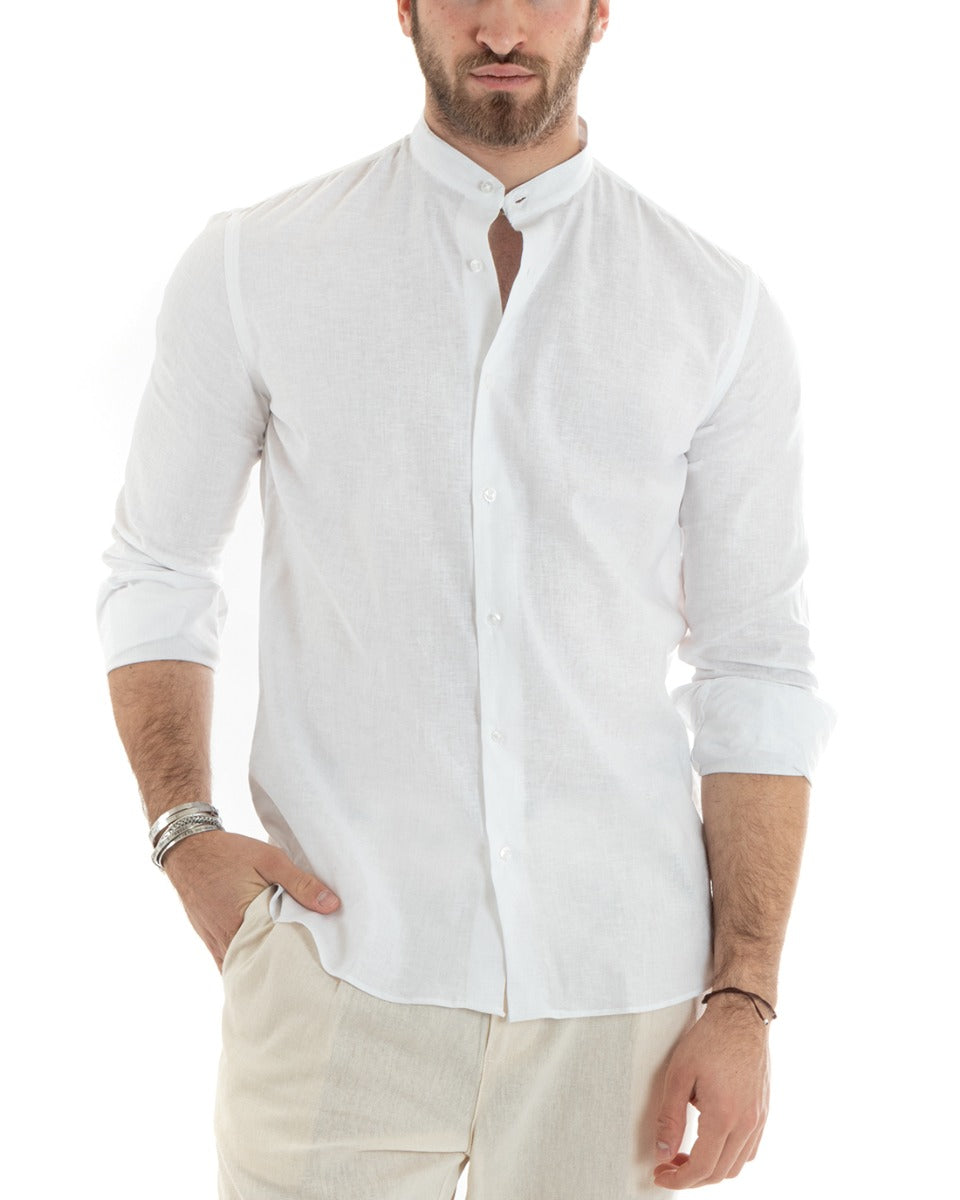 Men's Mandarin Collar Shirt Long Sleeve Linen Solid Color Tailored White GIOSAL-C2665A