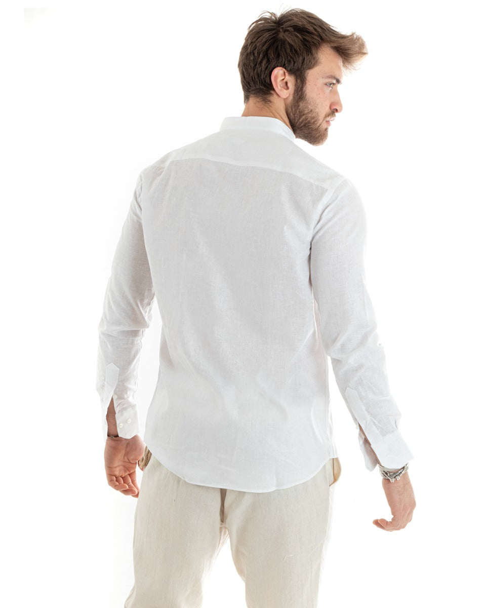 Camicia Uomo Collo Coreano Manica Lunga Lino Tinta Unita Sartoriale Bianco GIOSAL-C2665A