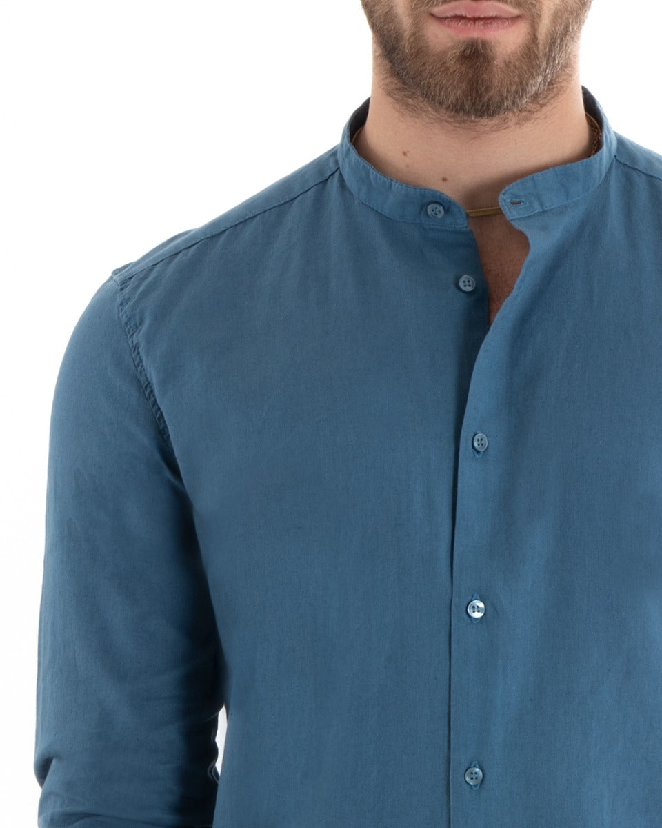 Men's Mandarin Collar Shirt Long Sleeve Linen Solid Color Tailored Light Blue GIOSAL-C2668A